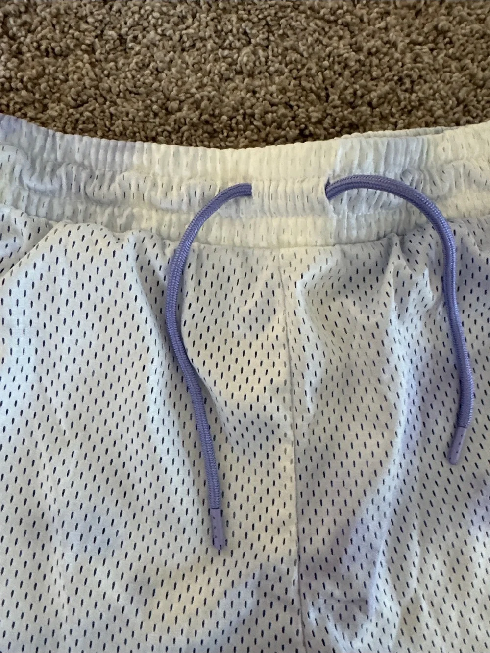 Nike Women's White Mesh Athletic Shorts with Lavender Drawstring